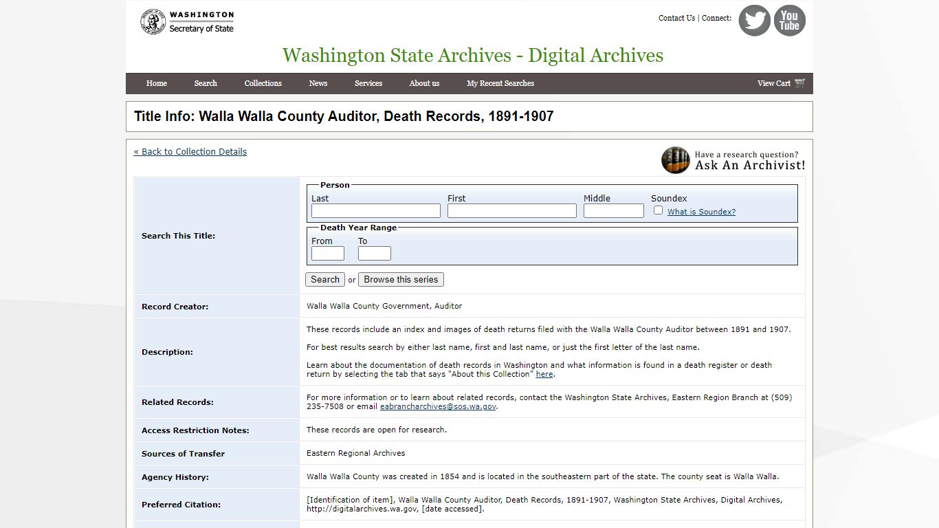 Title Info: Walla Walla County Auditor, Death Records ...