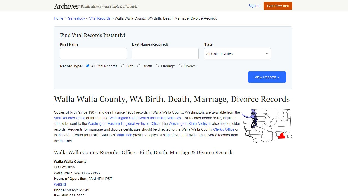 Walla Walla County, WA Birth, Death, Marriage, Divorce Records